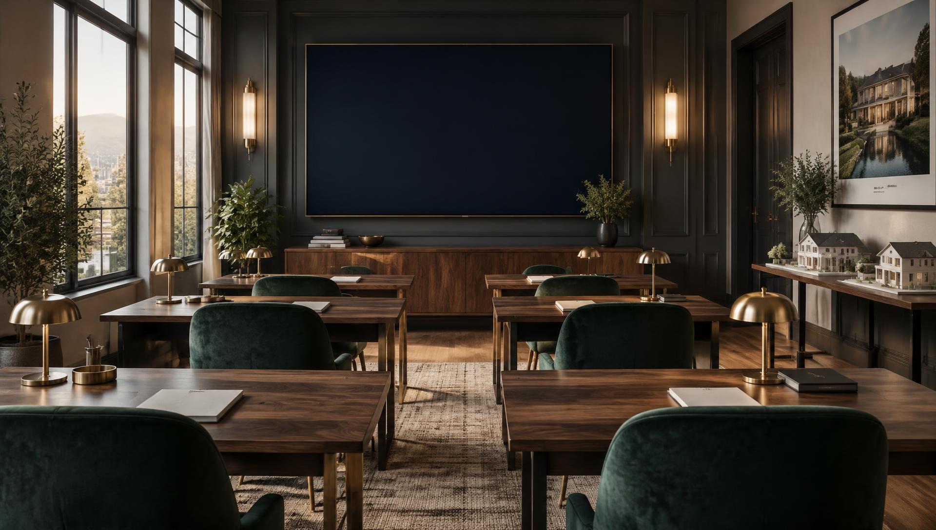 Warm classroom with emerald chairs facing a navy teaching wall